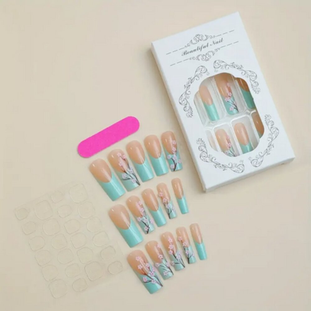 24 Pcs Long Square Cherry Blossom Floral 3D Green French Tip Press On Nails NIB - Picture 2 of 11